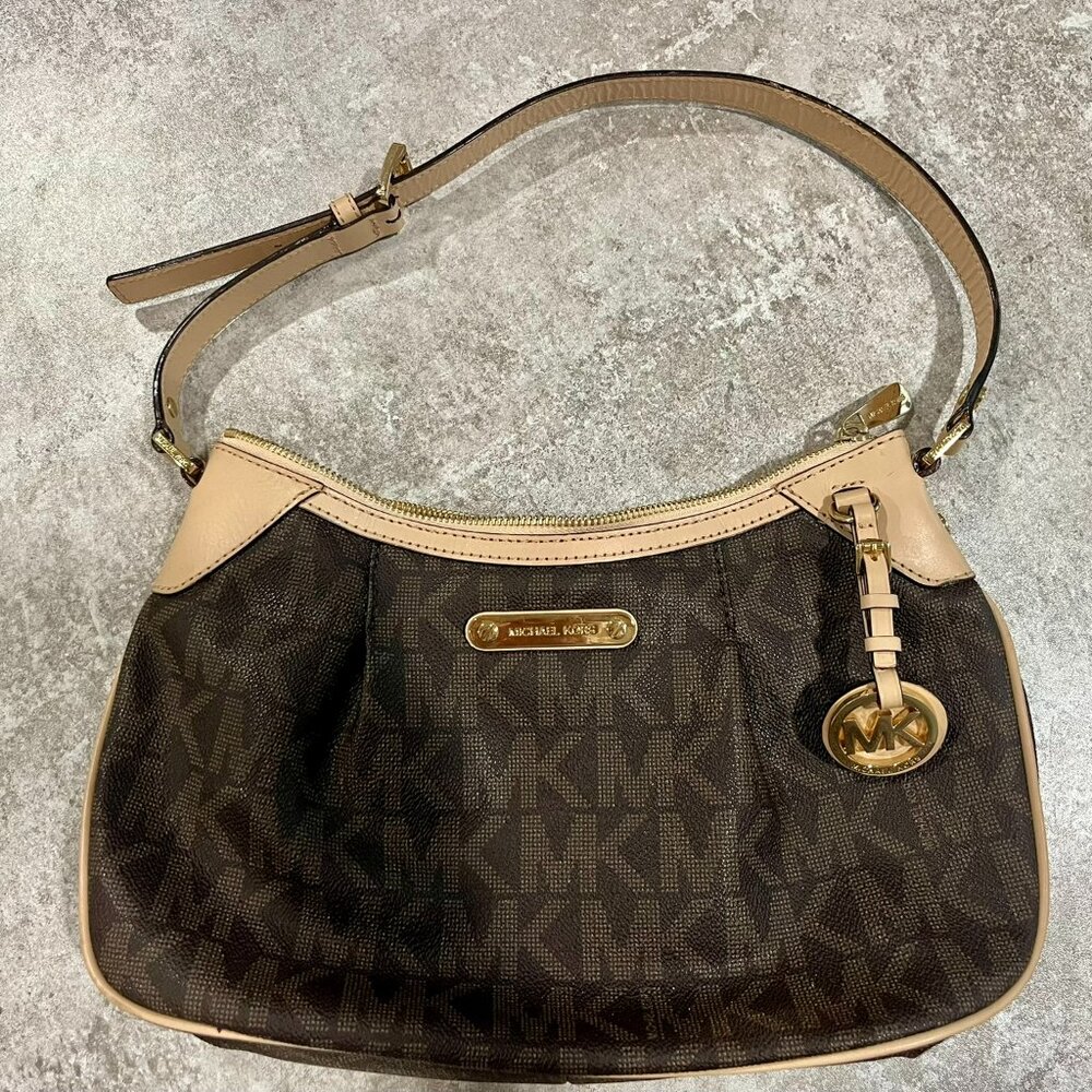 Michael Kors Brown & Tan Signature Small Shoulder Bag Handbag, Style AP1211